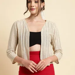 UnaOne Self Design Pure Cotton Open Front Shrug-48