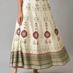 W Women Off White & Maroon Printed Flared Skirt-image-57