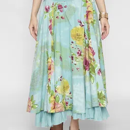 250 DESIGNS Women Turquoise Blue Floral Printed Midi Flared Skirts-picture-15