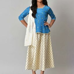 AURELIA Girls Blue & Cream-Coloured Printed Top with Skirt & Dupatta-image-4