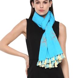 Rhe-Ana Women Cotton Turquoise Blue & Red Embroidered Stole-23