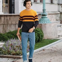 Harvard Men Mustard Yellow Striped Revisited Nostalgia Blocked Story Pullover-picture-13