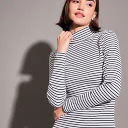 SASSAFRAS Black & White Horizontal Striped High Neck Top-image-61