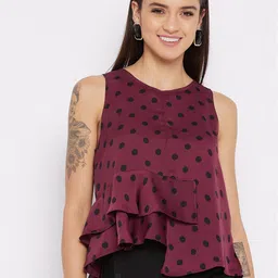 JUNE & HARRY Maroon Print Ruffles Satin Tiered Top-picture-5