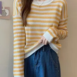 StyleCast Yellow & White Striped Round Neck Pullover-image-56