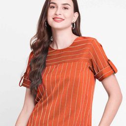 Zink London Striped Round Neck Roll Up Sleeves Regular Top-image-99