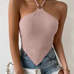 Stylecast X Slyck Halter Neck Ribbed Handkerchief Style Fitted Crop Top-image-97