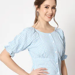 CHARMGAL Checked Button Down Ruffled Sleeve Top image 3