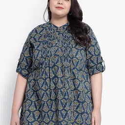 Indietoga Women Plus Size Geometric Printed Pure Cotton Casual Tunic-17