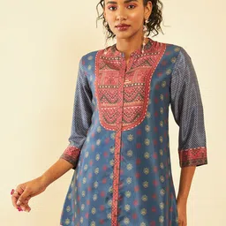Soch Blue Ethnic Motifs Printed Mandarin Collar Tunic-picture-28