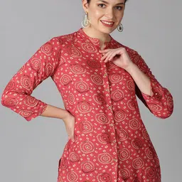 Saffron Threads Coral & Cream-Coloured Mandarin Collar Bandhani Printed Tunic-image-49
