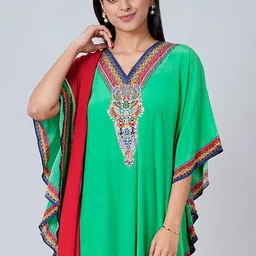 First Resort by Ramola Bachchan Green & Red Printed Embellished Tunic-image-82