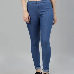 ADBUCKS Women's Blue Solid Denim Lycra Jeggings with Elasticated Waistband-image-1