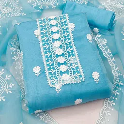 Ishin Floral Embroidered Thread Work Organza Unstitched Dress Material-image-55