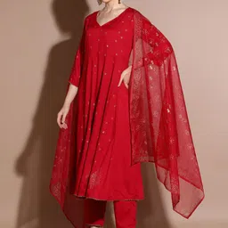 Anouk Floral Printed Regular Thread Work Anarkali Kurta with Trousers & With Dupatta image 3
