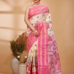 PuJoy Printed Sakuntala style Pure Cotton Taant Saree with Zari Border-image-13