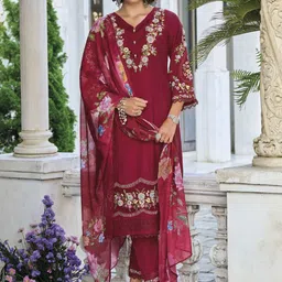 Varanga Floral Embroidered Thread Work Pure Cotton Straight Kurta & Trouser & Dupatta-49