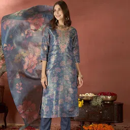 Anouk Floral Printed Regular Thread Work Straight Kurta With Trousers & Dupatta-picture-7