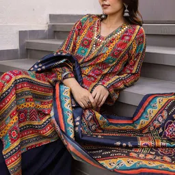 Nehamta Geometric Printed V-Neck Straight Thread Work Kurta With Palazzos & Dupatta image 3