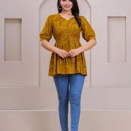 Meeranshi Women Abstract Printed Pleated V-Neck Top-picture-11