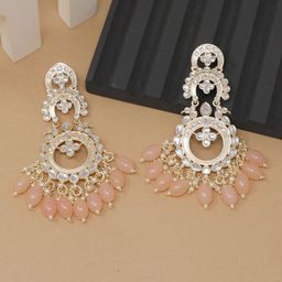 CAPILITE Jewellers Gold-Plated Kundan Studded And Pearls Beaded Circular Drop Earrings-image-102