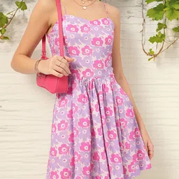 DressBerry Soft Pastel Floral Printed Shoulder Straps Fit & Flare Mini Dress-image-34