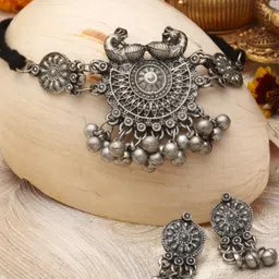 Moedbuille Silver-Plated Ghungroo-Studded Oxidised Jewellery Set-image-93