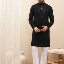 House of Pataudi Geometric Embroidered Mirror Work Band Collar Straight Kurta-image-65