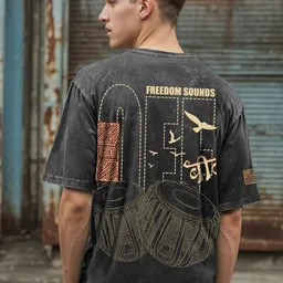 Bewakoof Graphic Printed Drop-Shoulder Sleeves Pure Cotton Oversized Acid Wash T-shirt-picture-46