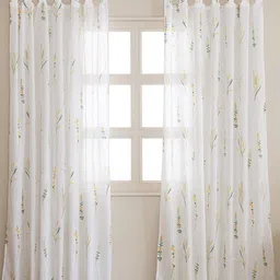 HOMEMONDE White & Green Set of 2 Floral Sheer Cotton Window Curtains-picture-47