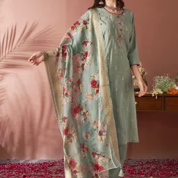 Anouk Women Floral Yoke Design Regular Thread Work Kurta with Trousers & With Dupatta-16