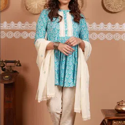 NEED APPARELS Ethnic Motifs Printed A-Line Flared Kurta With Trousers & Dupatta image 2