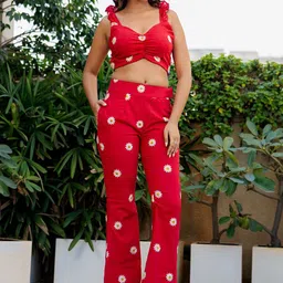 HOUSE OF JAMOTI Floral Embroidered Cropped Top With Trousers-image-64