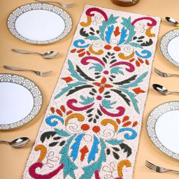 YWULY White & Turquoise Blue Embroidered Beaded Dining TableRunner-22