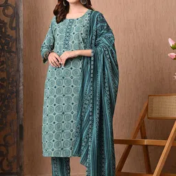 Anouk Ethnic Motifs Printed Round Neck Straight Pure Cotton Kurta With Trousers & Dupatta-33
