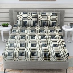 Myntra Elegant Homes Grey & Yellow Geometric 300 TC Queen Bedsheet with 2 Pillow Covers-image-73