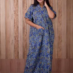 CLYMAA Blue Pure Cotton Maxi Printed Nightdress-picture-32