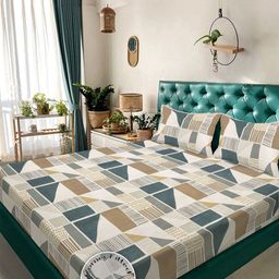 KLOTTHE Grey & Beige Geometric Printed 300 TC Fitted King Bedsheet 2.5 x 2.25 m-23