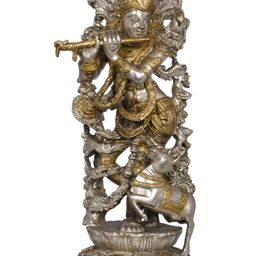 Exotic India Silver-Toned & Gold-Toned Lord Krishna With His Cow Religious Idol Showpiece-image-47