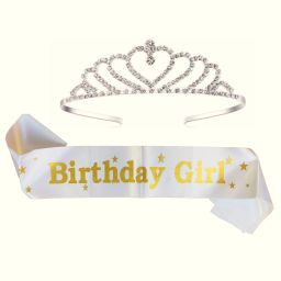 White Birthday Girl Sash and crown Tiara I Dark Red Sash I Diamond Ring Crown-image-14