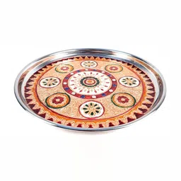 apka mart Beige & Red Textured Pooja Thali Plate with  Flower Design-10
