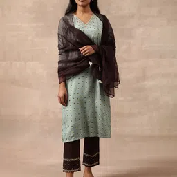 W The Folksong Collection Ethnic Motifs Embroidered Silk Dupatta-48