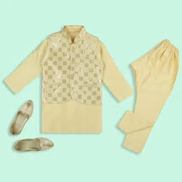 YK Boys Embroidered Layered Thread Work Dupion Silk Kurta with Churidar-34