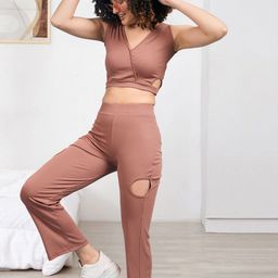 DressBerry Self Design V-Neck Top With Trousers Co-Ords-image-95
