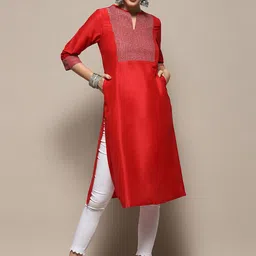 Biba Geometric Yoke Design Mandarin Collar Thread Work Straight Kurta-image-16
