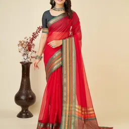 AMRUTKALA SAREES Checked Woven Design Zari Border Saree with Blouse Piece-picture-1