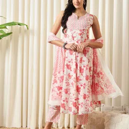 KALINI Floral Printed Anarkali Gotta Patti Pure Cotton Kurta With Trousers And Dupatta-16