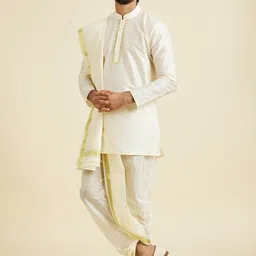 Manyavar Men Solid Straight Regular Kurta Dhoti Pants With Dupatta-image-1