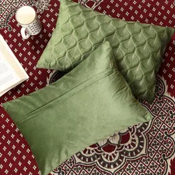 monkdecor Feather Design Green Color Rectangle Velvet Cushion Covers Set of 5 image 5