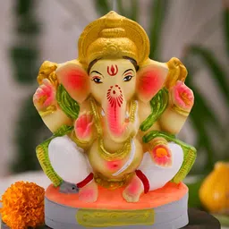 TIED RIBBONS Orange Colored & Green Lord Ganesha Religious Idol Showpiece-image-74